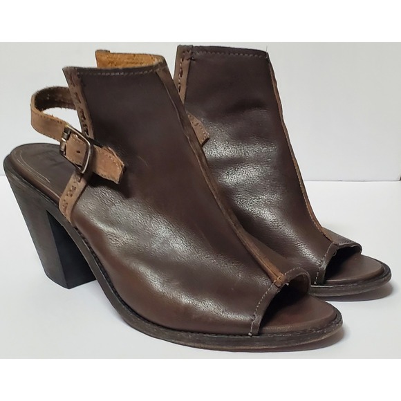 Frye Shoes - Frye Izzy Artisan Bootie/Mule 10 Brown Leather Chunky Heel Slingback Peep Toe